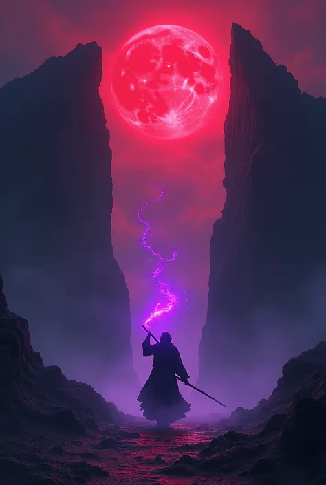 A mountain split in half  ,  between the two parts a powerful magician with bright violet eyes with a raised staff passes through the dark sky with a reddish tone the blood moon shines