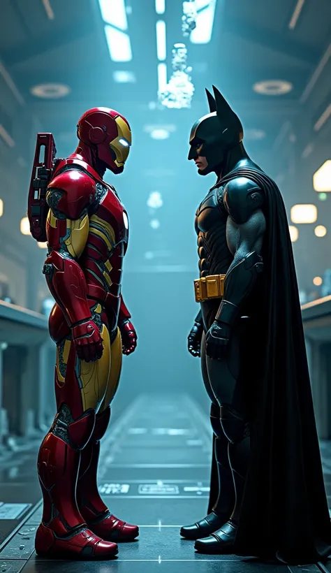 Iron Man stands in his workshop, illuminated by glowing holographic blueprints, while Batman emerges from the shadows, his cape draped around him. The setting blends Starks high-tech lab with the dimly lit Batcave, symbolizing the fusion of raw intellect a...