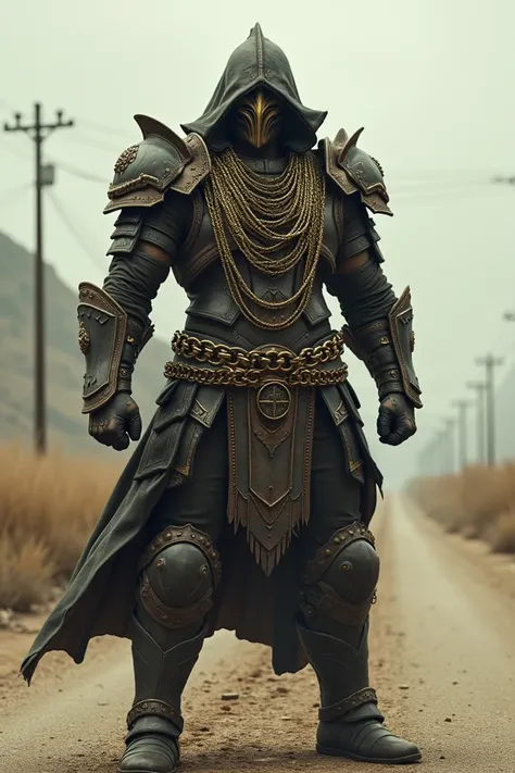 I need a warrior with a mask and gold chains in the middle of the road