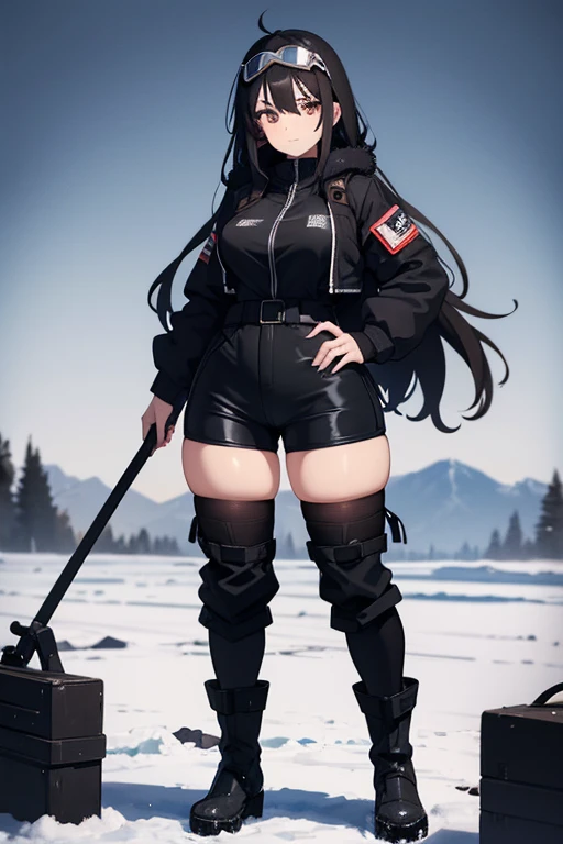 Hot girl, beautiful long black hair, dark brown eyes, snow goggles over her head, black pants, big medium breasts, A closed short black jacket with Whitefur, big hips, long black sheer socks, snow boots, cozy area, normal expression, NOT LOOKING AT THE VIE...