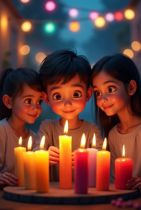 Realistic style photo of a boy lighting colored candles with his family at night with colored lights on the street