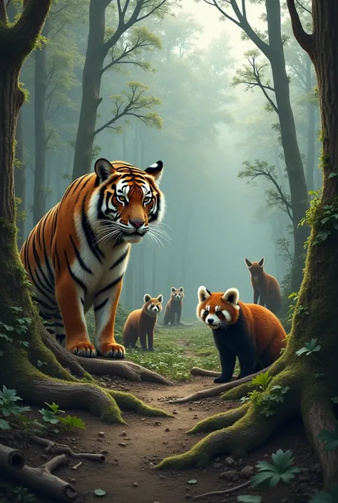 A deforested forest with several different endangered animals. 