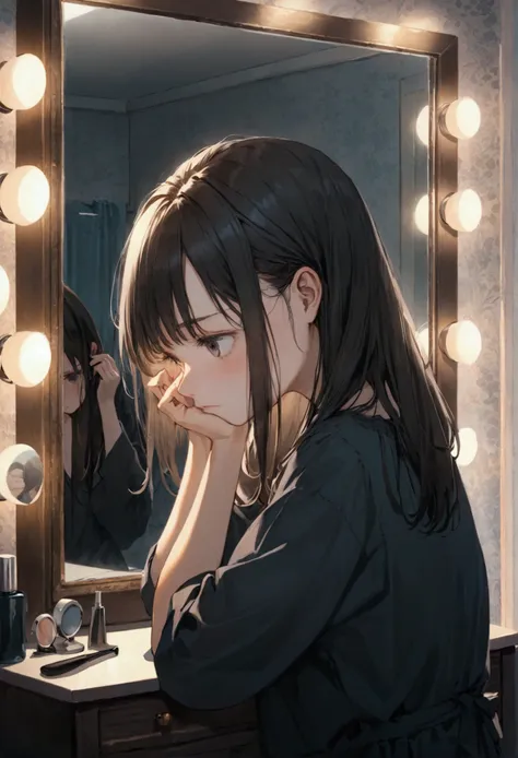 A sad girl combing her hair in front of the mirror