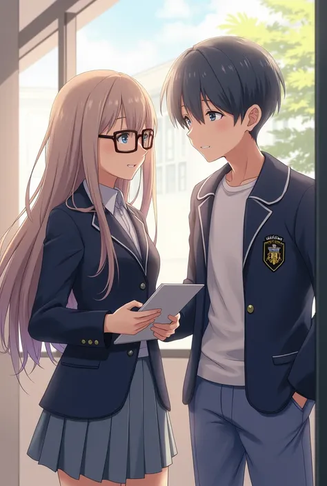 Two ren were discussing their exams today, one with long hair wearing glasses, the other with short hair and both wearing school uniforms. 