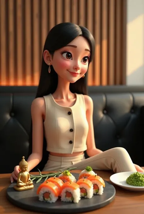 Woman 30 years, long straight black hair, wearing creme short sleeveless buttoned vest and creme long loose trousers with white sneakers. At Sushi restaurant with wood slat paneling in walls, black rectangular tables, sitting on black leather upholstered b...