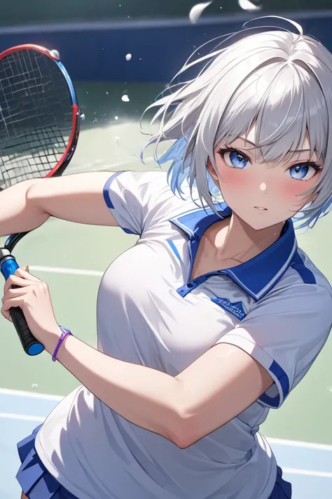 masterpiece、 best quality，One high school girl， Silver Hair，Short hairstyles on the side ， blue eyes， Shortcut Hair、Tennis Spray Final Match ，High school tennis club captain， dynamic sports motion 、The moment I hit the ball with my racket 、 An aphrodisiac ...