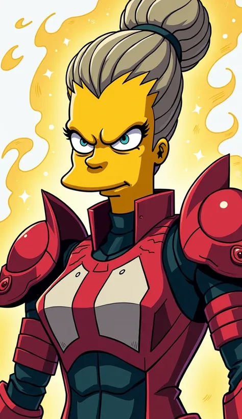 a vector design of evil marge simpson wearing woman armor that looks strong and solid, Red and White, focus on face and upper body, mid-action pose, slightly sideview he is surrounded by yellow and Blue cosmic energy, white background, white clean backgrou...