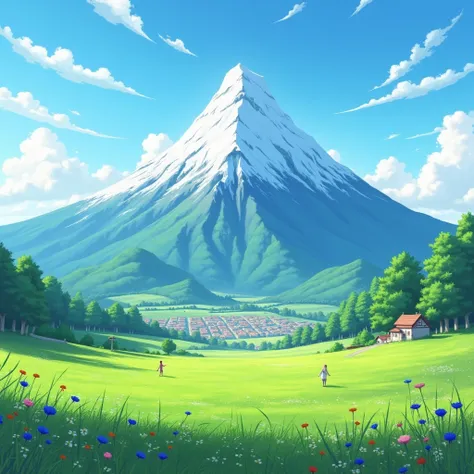 a majestic mountain, below is a large field, there is a small town, everyone is happy together