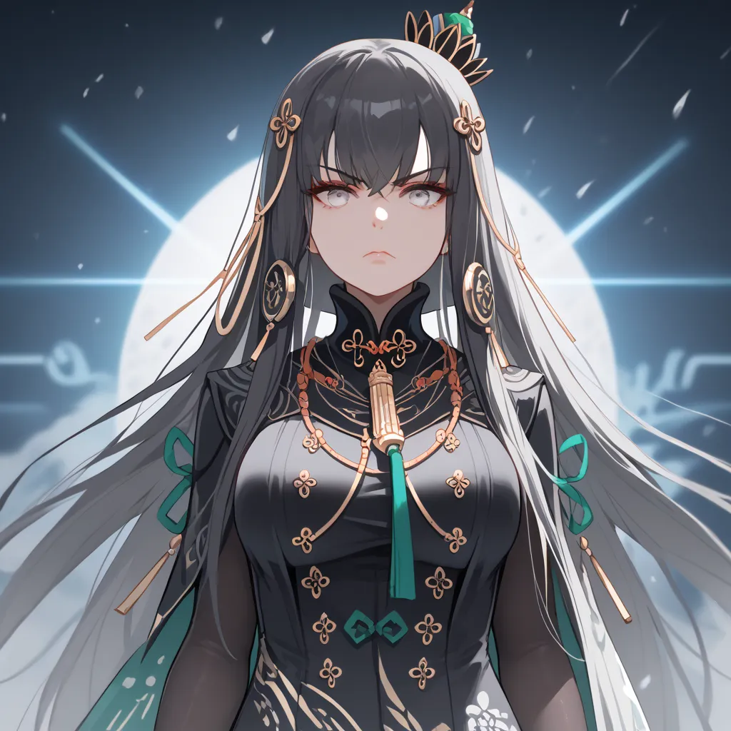 a woman with dark gray hair, long hair, diamond barrette in her hair, gray eyes, wearing black chinese attire with white details...