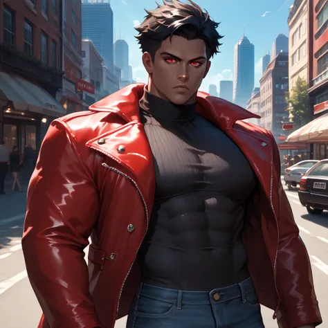 1boy, detailed face, detailed eyes, dark-skinned male, black hair, short hair, red eyes, serious, red leather jacket, black turtleneck, black jeans, muscular male, outdoors, city