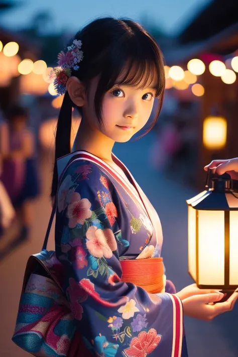 (best quality),(very aesthetic),(ultra-detailed),(best illustration),( highres icon), (beautiful),(masterpiece),(extremely detailed face),1girl,loli:1.2,Summer Festival,Yukata,night,Opening a store,Summer Festival,Lantern,smaller girl,12years old,pony tail...