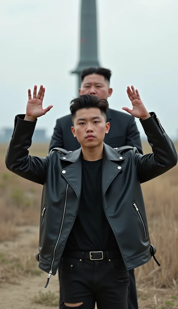 A photo of a young Korean man with short hair and a short neck. He has a handsome face and wears a black t-shirt, a black leather jacket, black ripped jeans, and black Nike Jordan shoes. The man has a short posture and is wearing a black t-shirt, a black l...