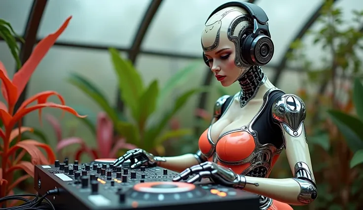 robot android girl , with an American face, DJ behind the DJ remote with headphones , she has big elastic XXXL breasts,  she is wearing a latex tight suit, a deep neckline  ,  in a futuristic greenhouse with colorful plants