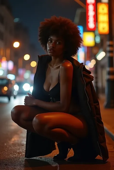 beautiful 25 y.o dark skinned woman with Sri Lankan features,squatting,central city,night time,autum,wearing an open winter coat,various poses,very dark skin,short afro hair,thicc:,wide hips,small breasts,exposed pussy,exposed labia,hairy pussy, realistic ...