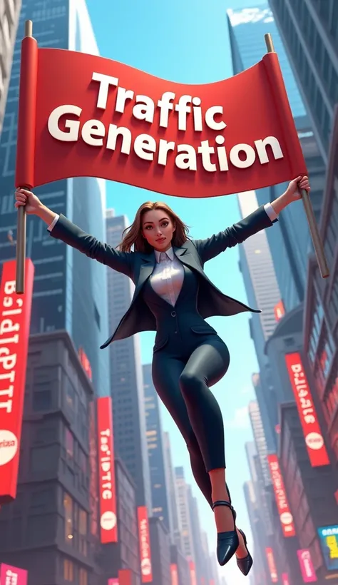 3d art style businesswoman swinging through a cityscape, holding a giant “Traffic Generation” banner, 