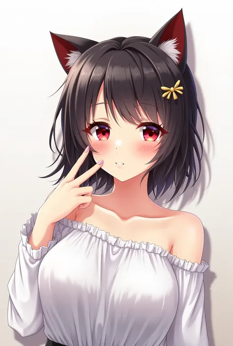 1girl, Bangs, Red Eyes, High Resolution, Cat Ears, Breasts, Blush, Simple background, Hair Ornament, Drop Shadow, Anime, Anime Style, 