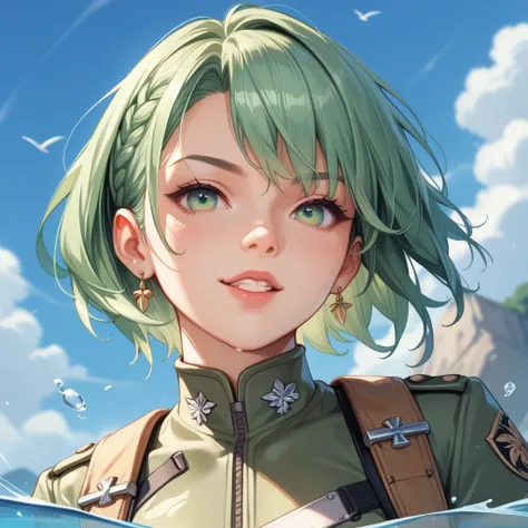  Generate a girl with water-green hair ,  with light green eyes ,  with a combat type outfit , , semihumana, In this case of tiger .  That he looks like a dominant type ,  taken from a fantasy anime of the middle ages,  and that his hair is sturdy ,  but t...