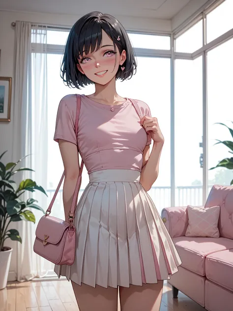  1girl, woman, transgender woman, small breasts, slender frame, slim waist, shy, blushing, smiling, submissive, black hair, middle part, short hair, pleated dress, white skirt, pink purse, small purse, living room