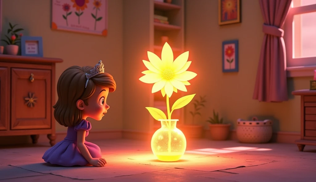  Show Sofias room in Disney 3D style ,  now illuminated by a magical flower that grew in the vase .  The flower has shiny petals ,  that emanate a soft golden glow ,  illuminating the environment .  Sofia sits on the floor ,  looking at the flower with an ...