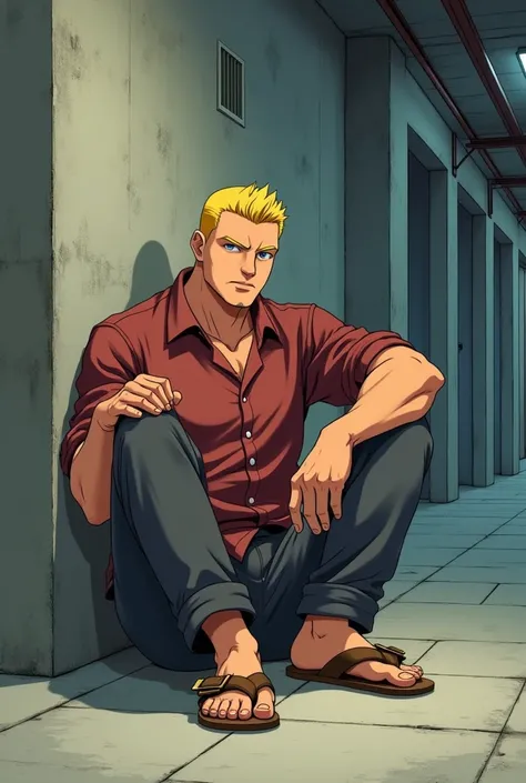 Tall Man, round face, short thin yellow haircut, muscular, in Anime, wears his mahogany shirt, dark gray pants, brown sandals, in the basement with spaces, he sits down on the floor, on the wall, kicking his feet