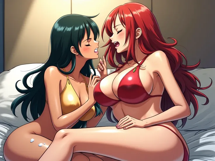 illustration art style anime Barra manga work One Piece Boa Hancock x Nami both are licking a 15-year-old boys penis a lot Boa Hancock is holding her big breasts with one hand 
Boa Hancocks ass is all wet with pee Nami has big breasts the second 15-year-ol...