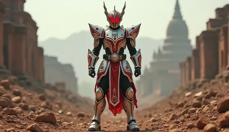 Kamen Rider, india ,bagan warrior style, white red colors, in broken city, foto full body