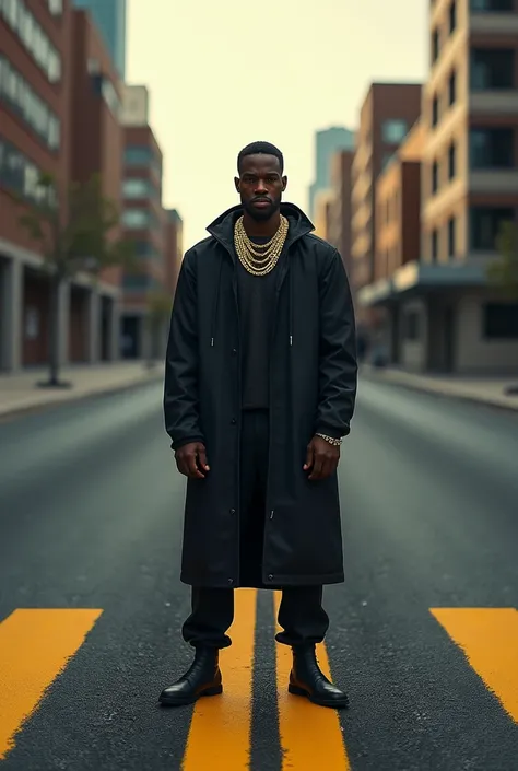 man of war,  closed face and gold chains in the middle of the road on top of the yellow stripes