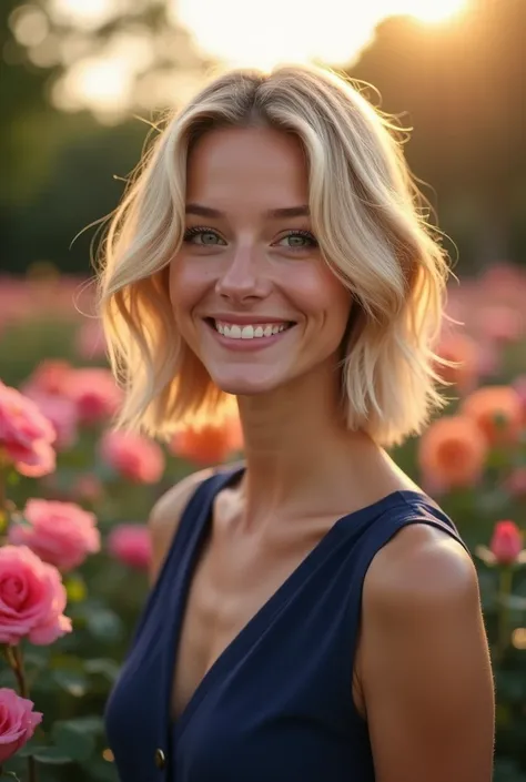 Subject: Young British woman in early to mid-20s with golden blonde bob cut, wearing a navy blue sleeveless blouse. Natural, warm smile with bright engaging eyes. Fair complexion.

Environment: Set in a rose garden with blooming roses of various colors. Na...