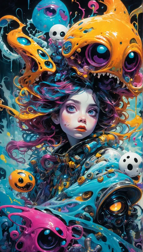 a ghost, oil painting, pop art style, vibrant colors, dynamic composition, Skottie Young and Bill Sienkiewicz inspired, detailed textures, dramatic lighting, surreal elements, fantastical creatures, bold brushstrokes, striking contrast, whimsical atmospher...