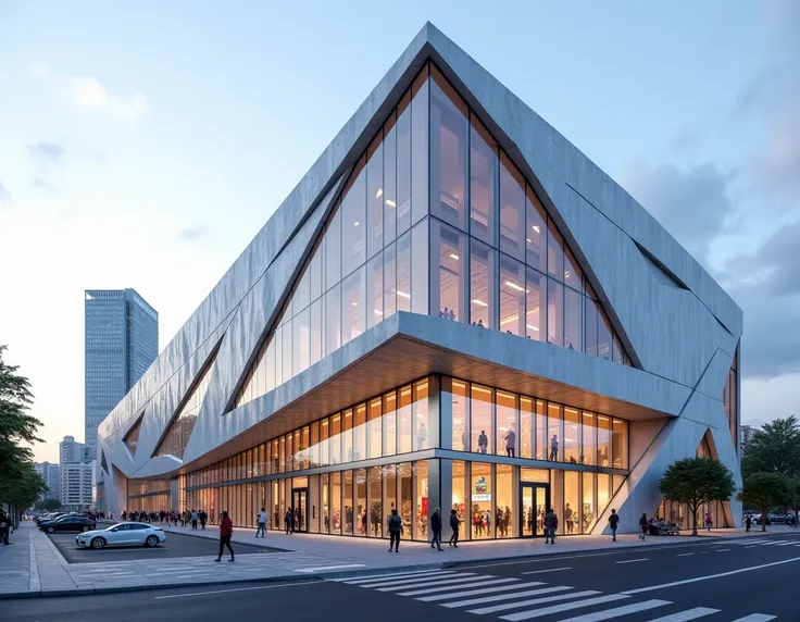 DESIGN THE EXTERIOR FAÇADE OF A SPORTS CENTER IN AN EXTERIOR PERSPECTIVE