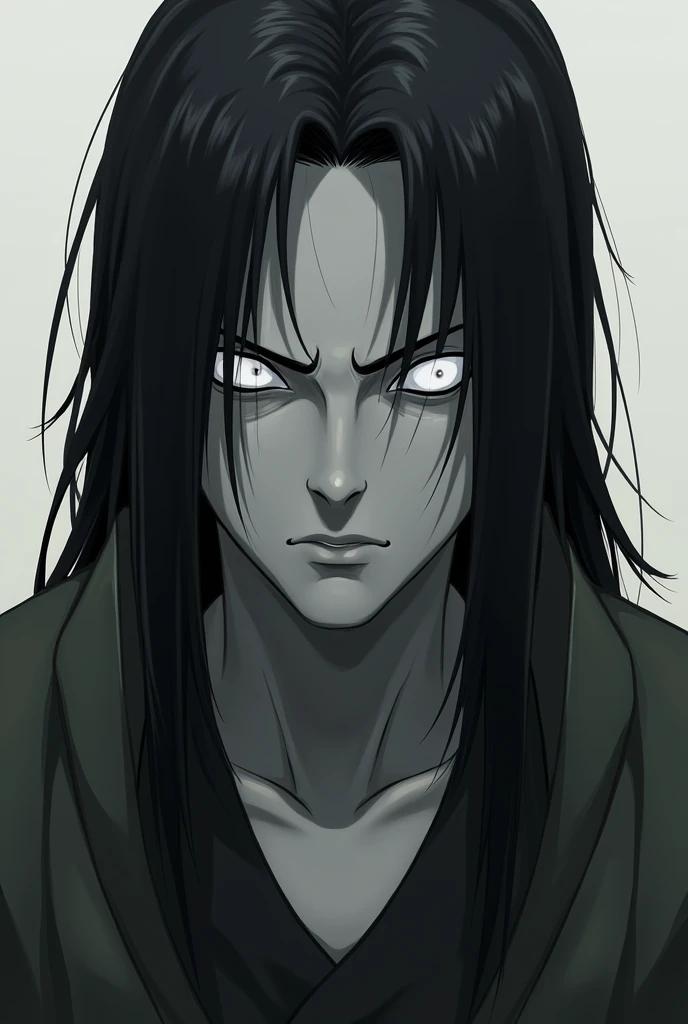  Meet Hoshigake Kisame ?  Create an image of him as a  ,  with straight hair and a color black and completely white eyes, And gray skinned 