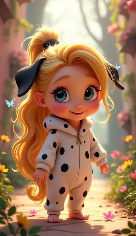 Disney Pixar style character Rapunzel baby with ponytail in her hair and Dalmatian costume