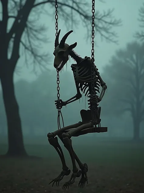  draws a humanoid skeleton with a goats head,  eye ,  rocking on a swing in a park ,  photo taken from afar .  gothic atmosphere,  blurred background , Nikon 18mm lens ,