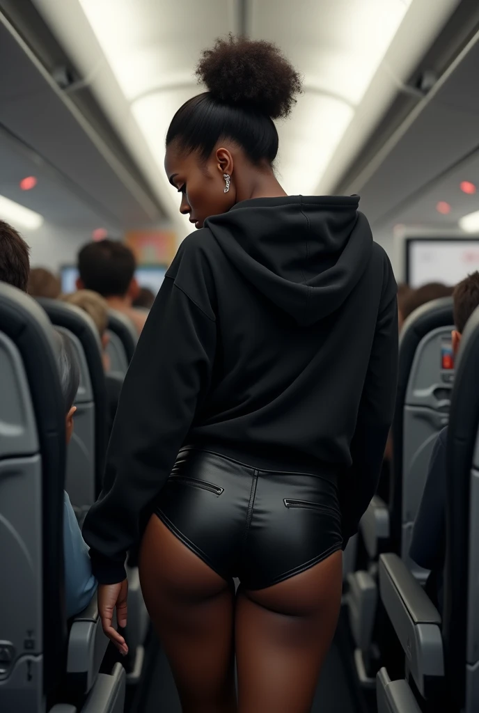 black woman hair in a bun black hoodie black leather short short bending over the seat in front of her getting something on the plane. backside view hyper realistic 8k clothe folding
