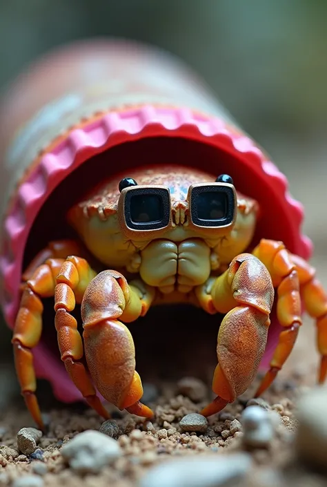 A realistic animal-colored hermit crab with square black lenses, And a shell that is a bottle cap that is pink