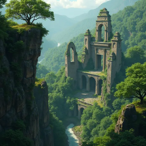 ancient ruins in the middle of the forest, seen from a high cliff