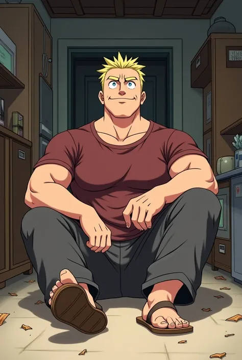 Tall Man, round face, short thin yellow haircut, muscular, in Anime, wears his mahogany shirt, dark gray pants, brown sandals, in the basement with spaces, he sits down on the floor, on the wall, kicking his feet, showing his feet