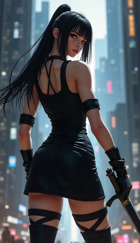 Black Widow wearing mini short dress, sword, final fantasy vii art style.