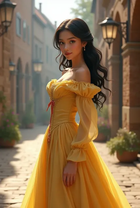 a couple,  a 20-year-old female Schaferhunter , white pele,  thin and elegant nose , princess pattern mouth ,  lip gloss ,  light blue eyes ,  long black hair with wavy ends, Do a medieval hairstyle , She wears an elegant pastel yellow princess long dress,...