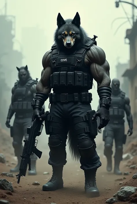 Muscular hybrid dog with black clothes,  With a gun in hand, apocalyptic background with 2 henchmen