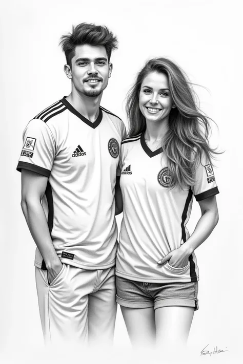 Draw a pencil drawing of a couple wearing the Bahia team jersey