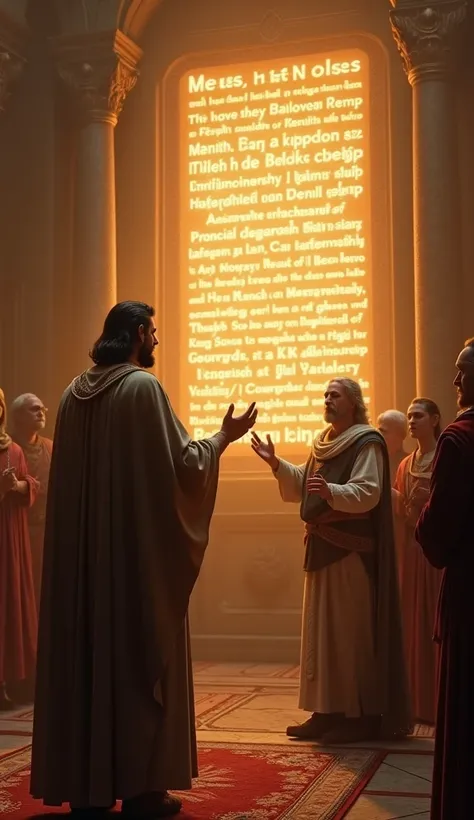  "Daniel’s face illuminated by the light of the divine inscription on the wall, his voice deep and unwavering. He speaks the words of judgment to Belsazar, who stands in shock. The atmosphere is filled with tension as the fate of the kingdom hangs in the a...