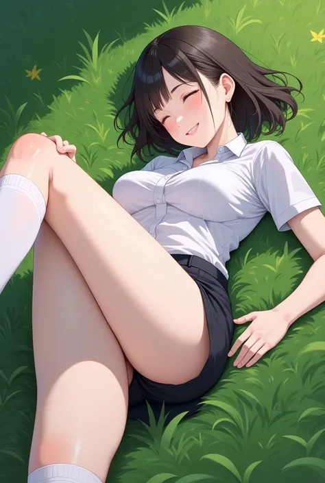 （  photorealism ：1.2）、 Japanese model in her 20s 39 ;Thick legs、 Female bank employee in uniform 、23 year old beauty、Business Uniforms、Bend one leg on the grass in the garden、 lying down and taking a nap 、 insert both hands below the knee 。  she has super ...