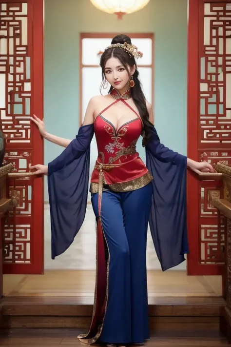 The woman is wearing an ancient dance costume, including a red full-length halter top blouse, and dark blue chiffon trousers on the bottom. She is an oriental beauty with a very Chinese style. The costume is very Song Dynasty style. She has her back to the...