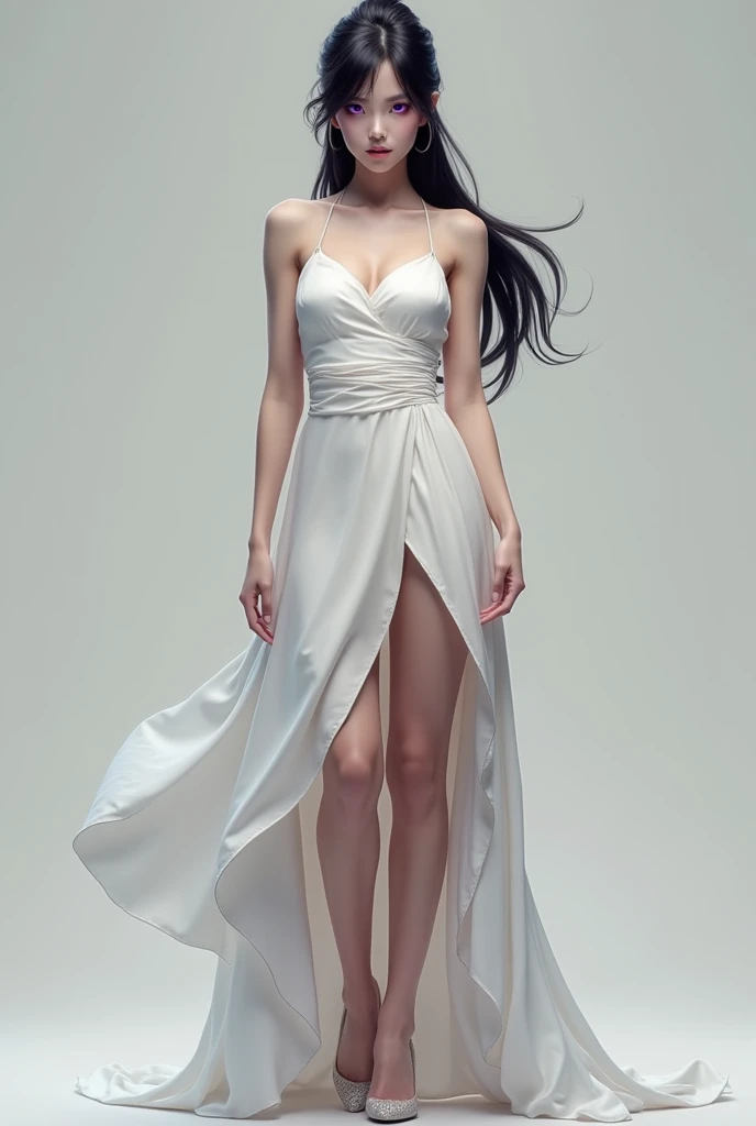 A black-haired woman with purple eyes has her hair in a ponytail without bangs, wearing a white dress. The dress is short in the front and long in the back, like a bridesmaids dress, wearing high heels, and her whole body is visible from head to toe.