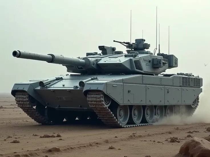 A grey sci-fi tank that in appearance resembles a mixture of a M1 Abrams and a Leopard A2