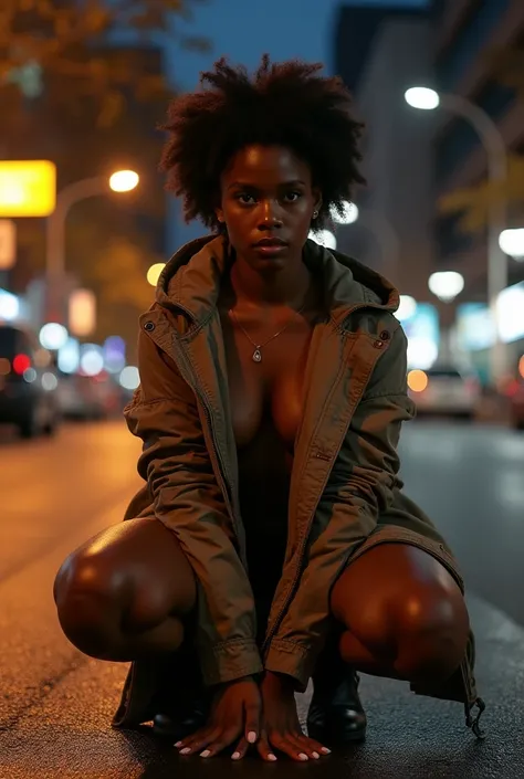 beautiful 18 y.o dark skinned woman with Sri Lankan features,squatting,central city,night time,autum,open winter jacket,no bra,no panties,various poses,very dark skin,short afro hair,(thicc:1.3),(wide hips:1.5),big butt,(thick thighs:1.5),(short:1.5),tiny ...