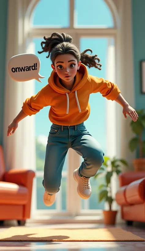 3D art woman jumping in the air at home, speech bubble reading "Onward!"