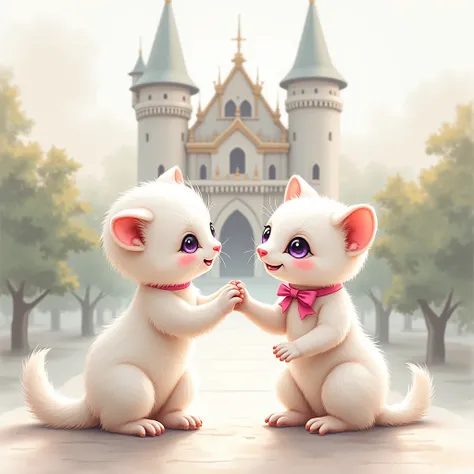 create a watercolor-style scenario where a white kitten with a pink ribbon is seen shaking hands with an albino purple-eyed ferret in front of a luxurious castle