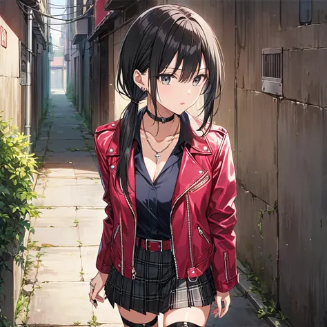  source_anime, 
rating_safe,source_anime, high res image, masterpiece, best quality, highly detailed, 1 girl, clear skin, shiny hair, low twintails, long hair, black hair, grey eyes, black ribbon, pink under lips, leather jacket, collared shirt, black neck...